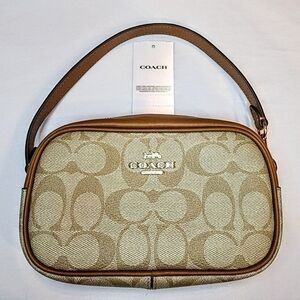 Coach Signature Monogram Pattern Tan Brown Leather Jamie Wristlet